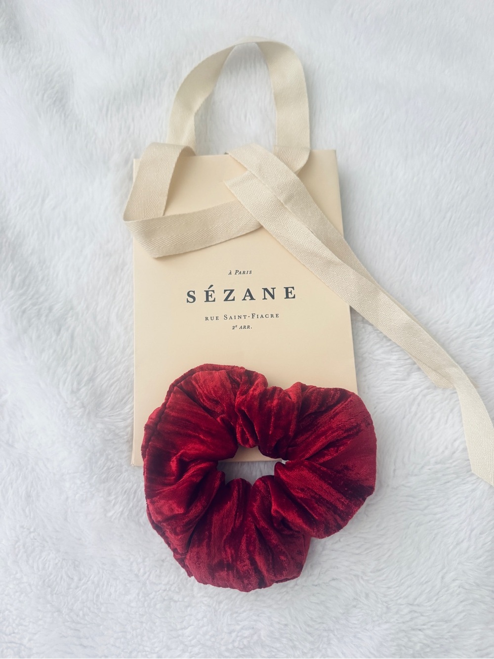 Sezane red velvet hair scrunchie with gift bag
